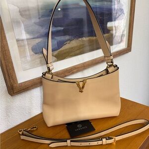 Versace Authentic Virtus Leather Shoulder Bag With Detachable Crossbody Strap
